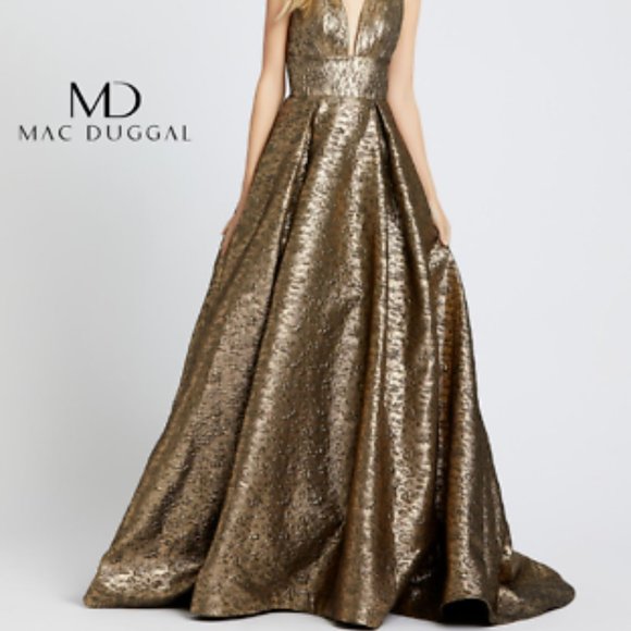 Mac Duggal Gold Prom Dress with Shimmering Finish - Picture 5 of 6